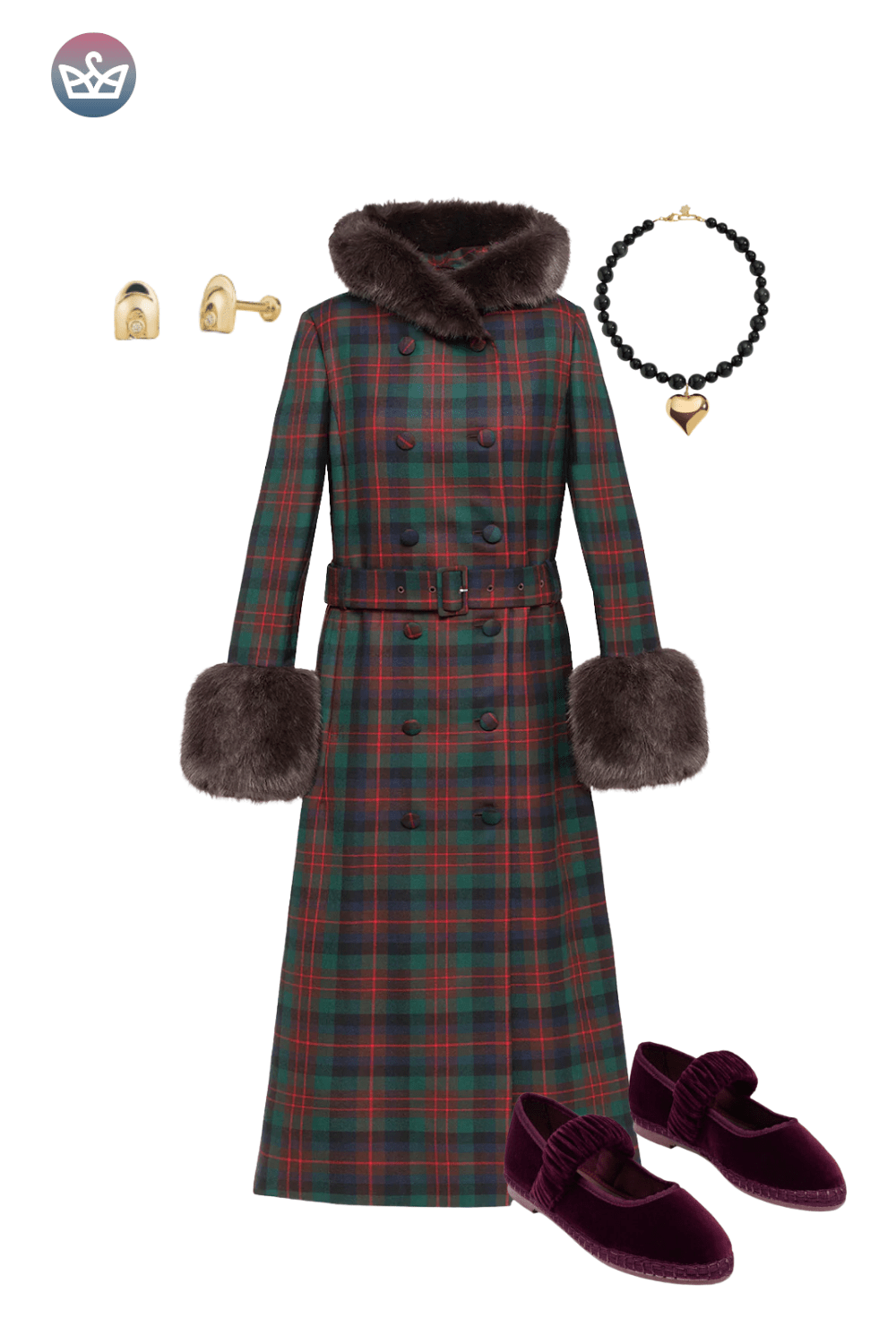 Tartan coat with faux fur, dark red velvet flats, and a chunky necklace.