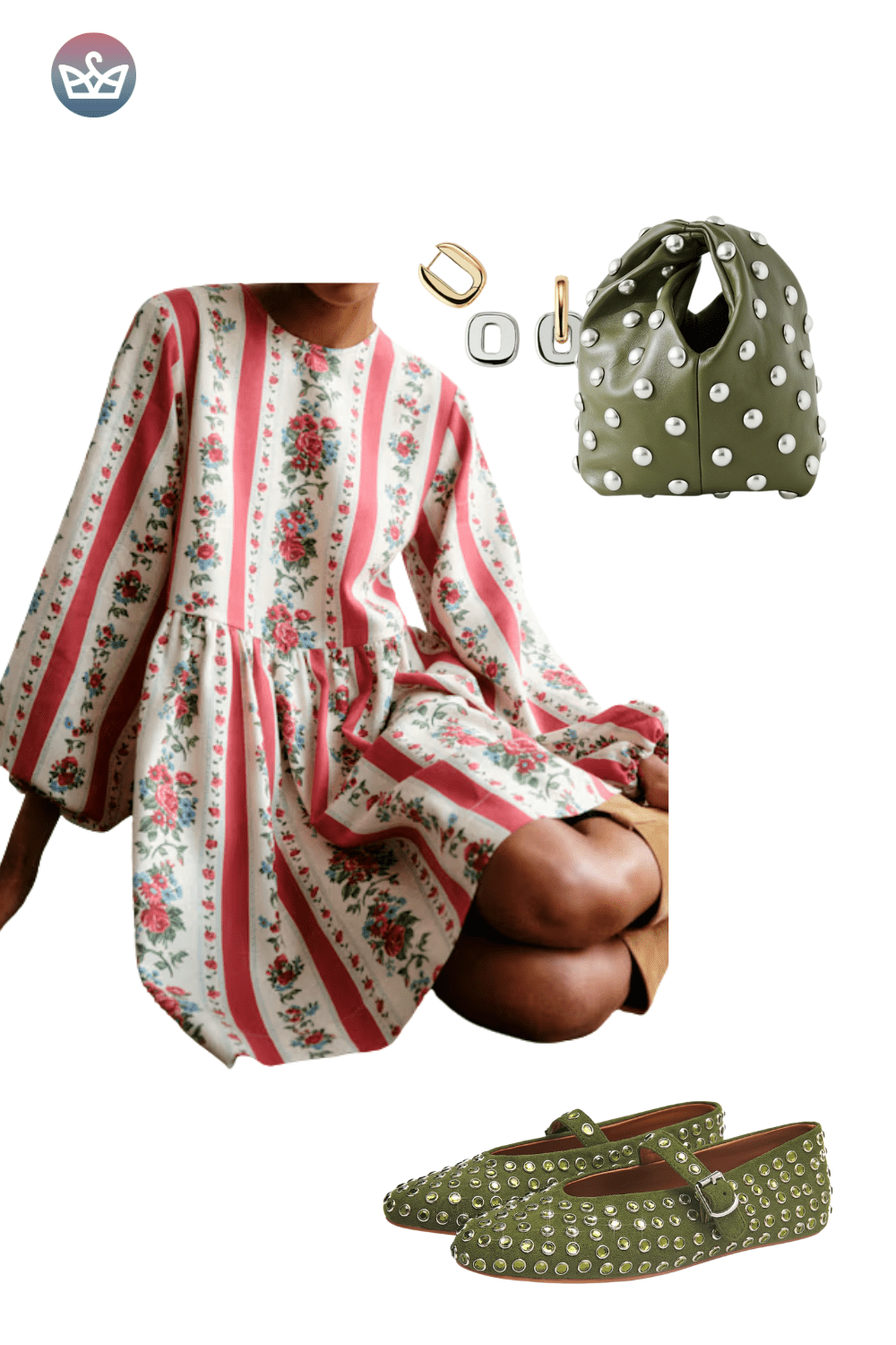 Red and cream striped mini dress, green spotted slip-on sneakers, and a green drawstring bag.