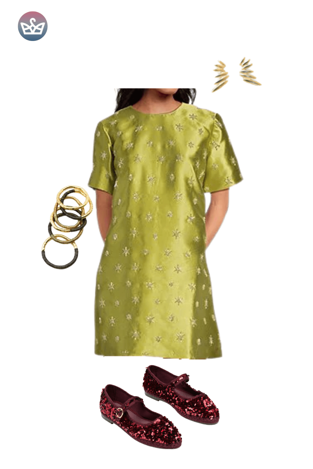 Bright lime green mini dress, deep red velvet flats, and gold earrings.