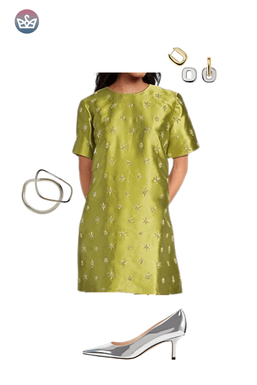 Bright lime green mini dress, metallic silver kitten heels, and gold jewelry.