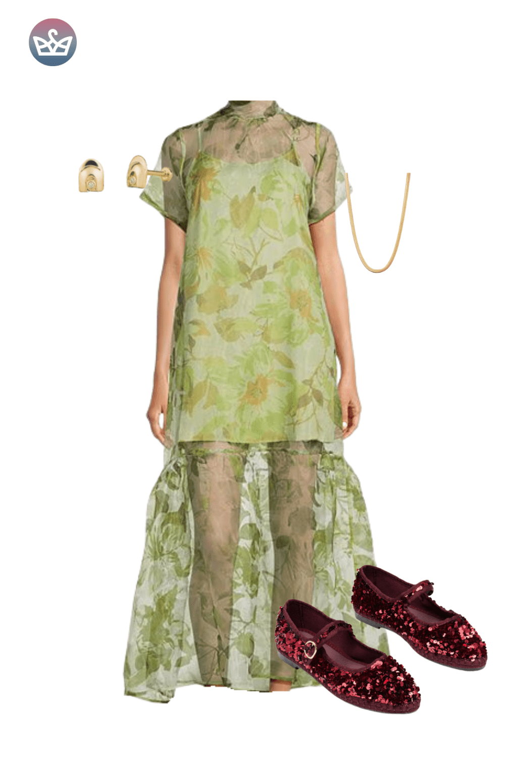 Sheer light green maxi dress layered over a darker skirt, deep red velvet flats, and a chunky necklace.