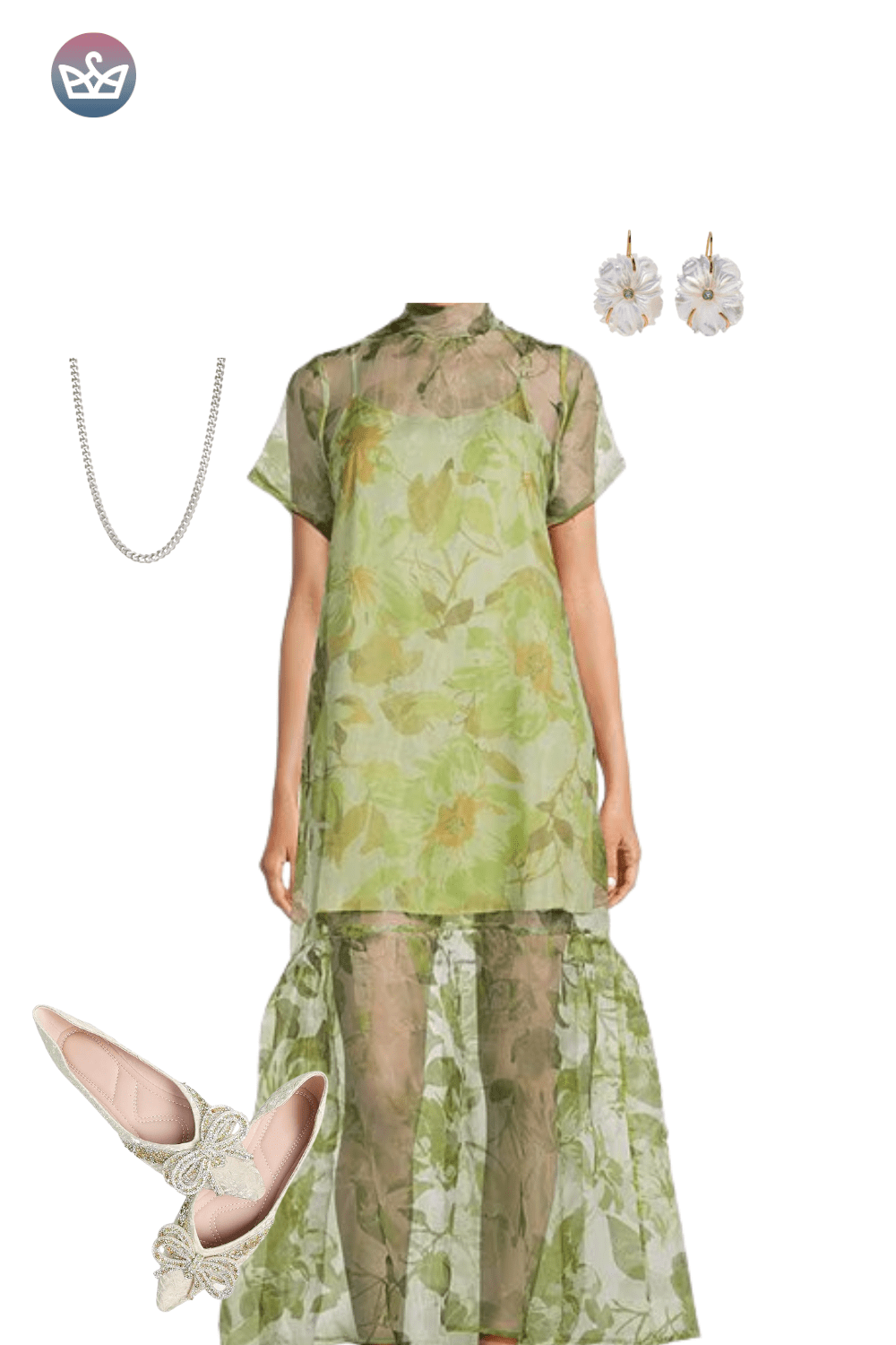 Sheer light green maxi dress layered over a skirt, light pink pointed flats, and silver jewelry.