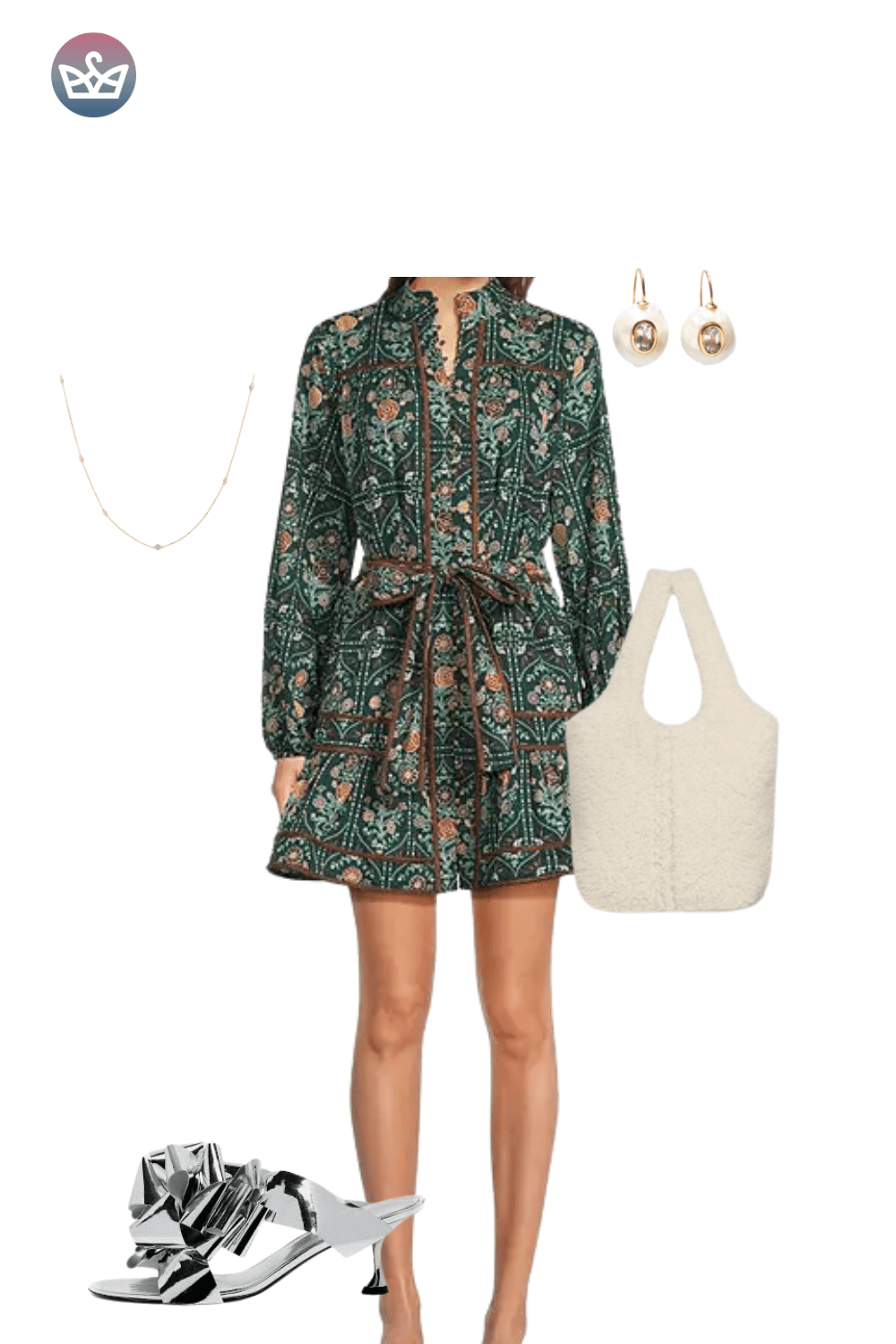 Dark green floral mini dress, chunky silver sneakers, and simple gold jewelry.