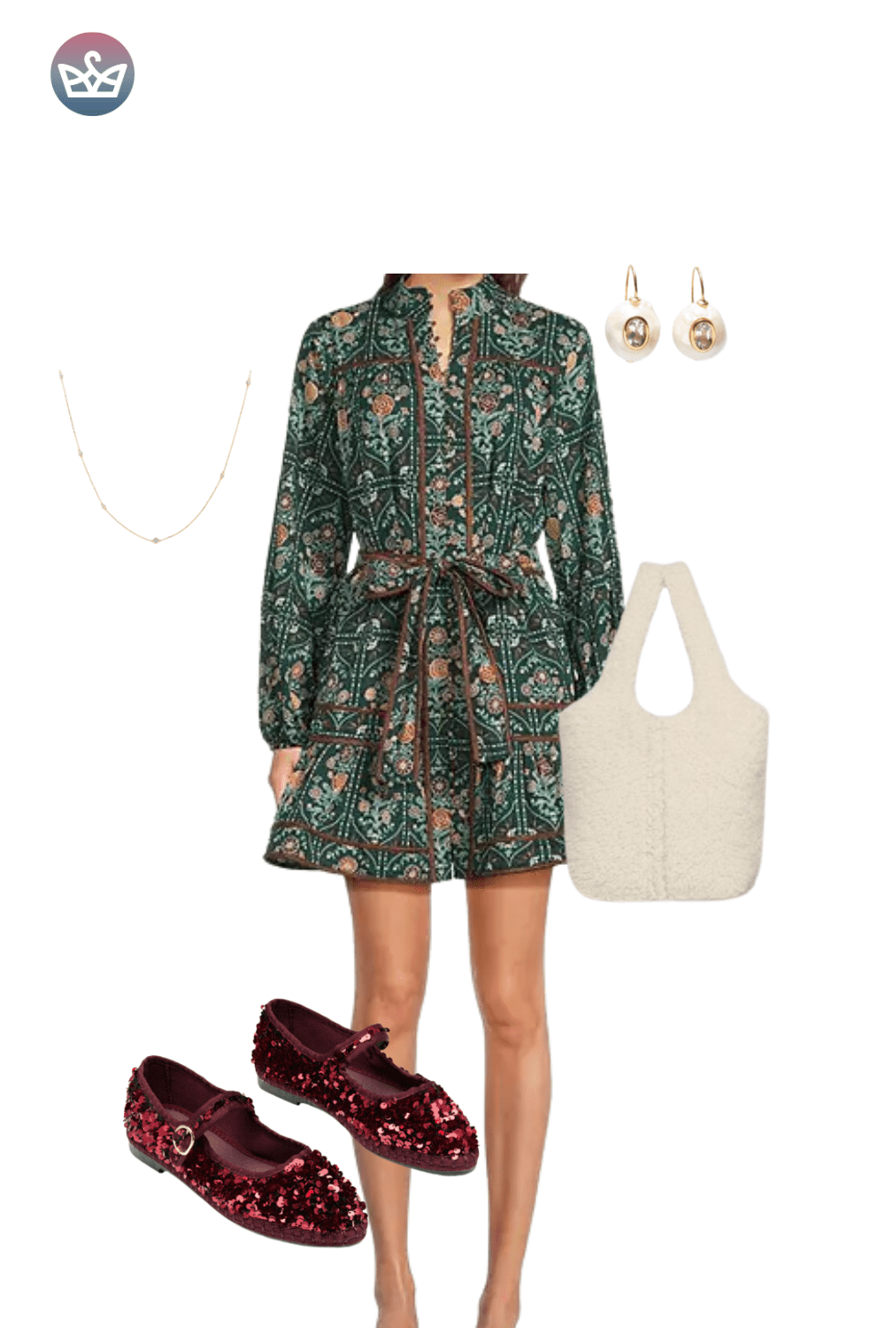 Dark green floral mini dress, deep red velvet flats, and gold earrings.