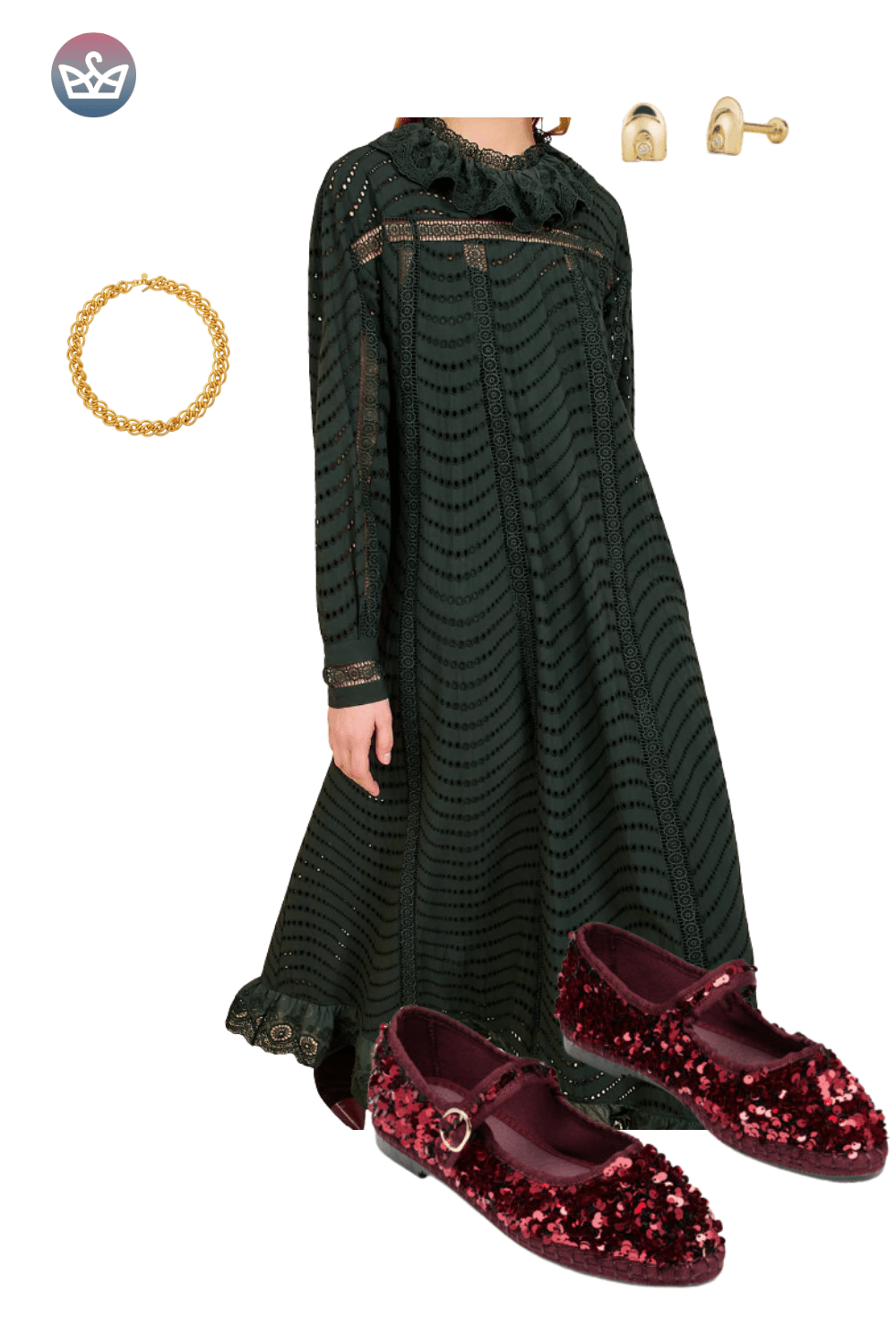 Dark green textured maxi dress, deep red velvet ankle boots, and a matching necklace.