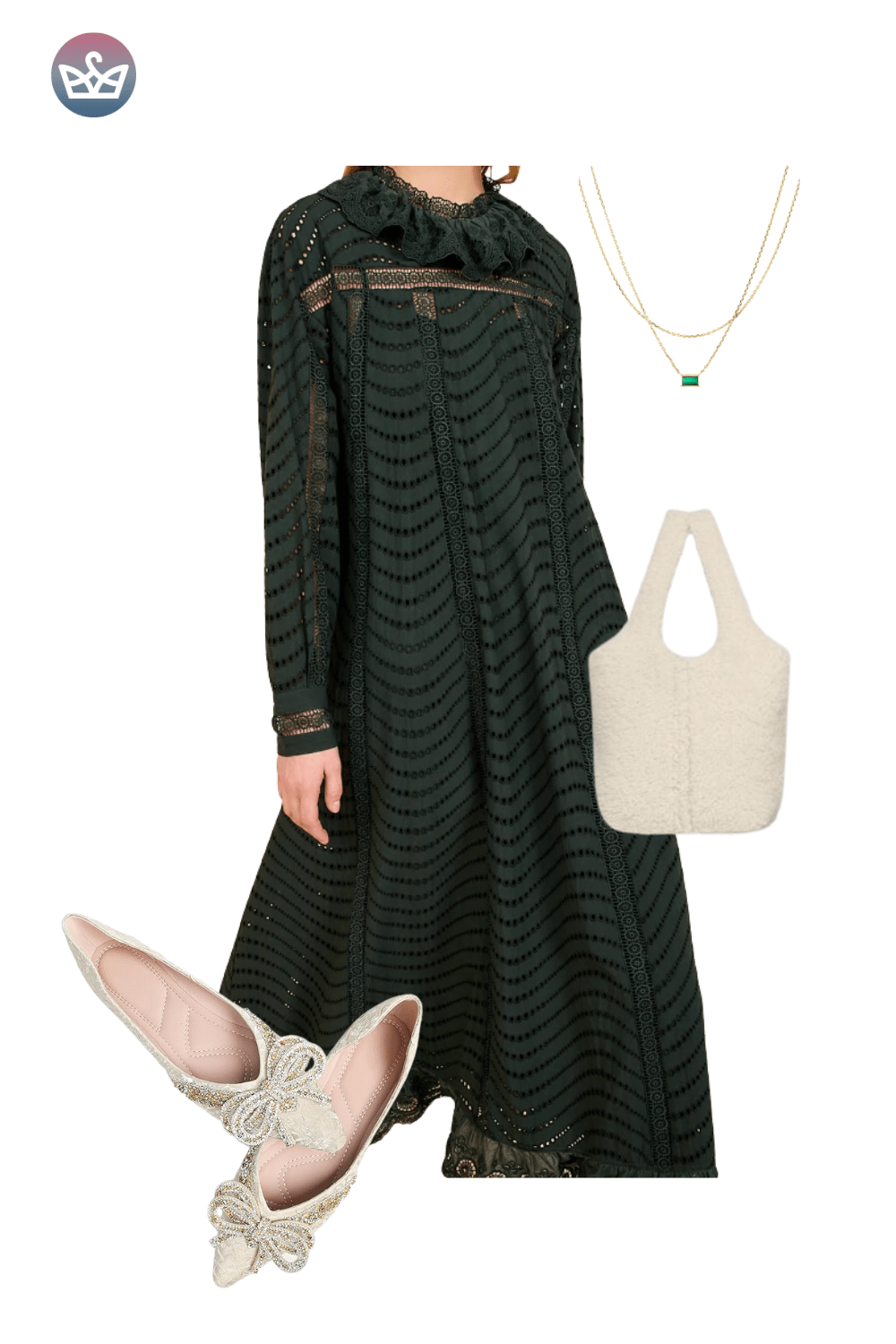 Dark green textured maxi dress, light pink pointed flats, and a white tote bag.