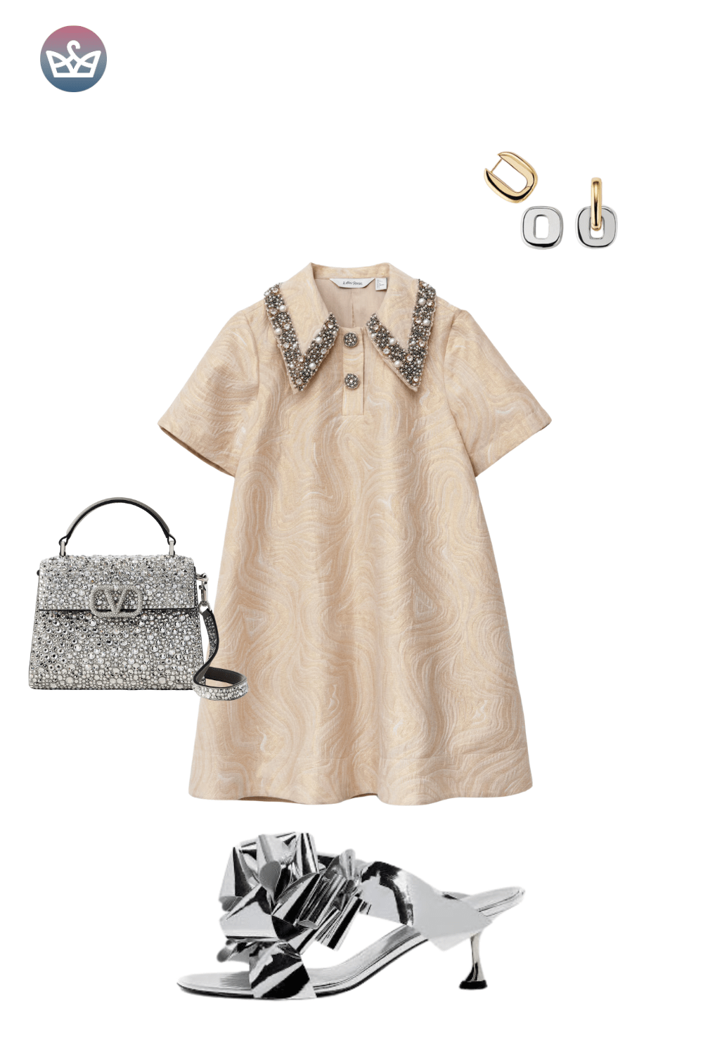 Beige jacquard mini dress, silver sparkle bag, and chunky silver sneakers.