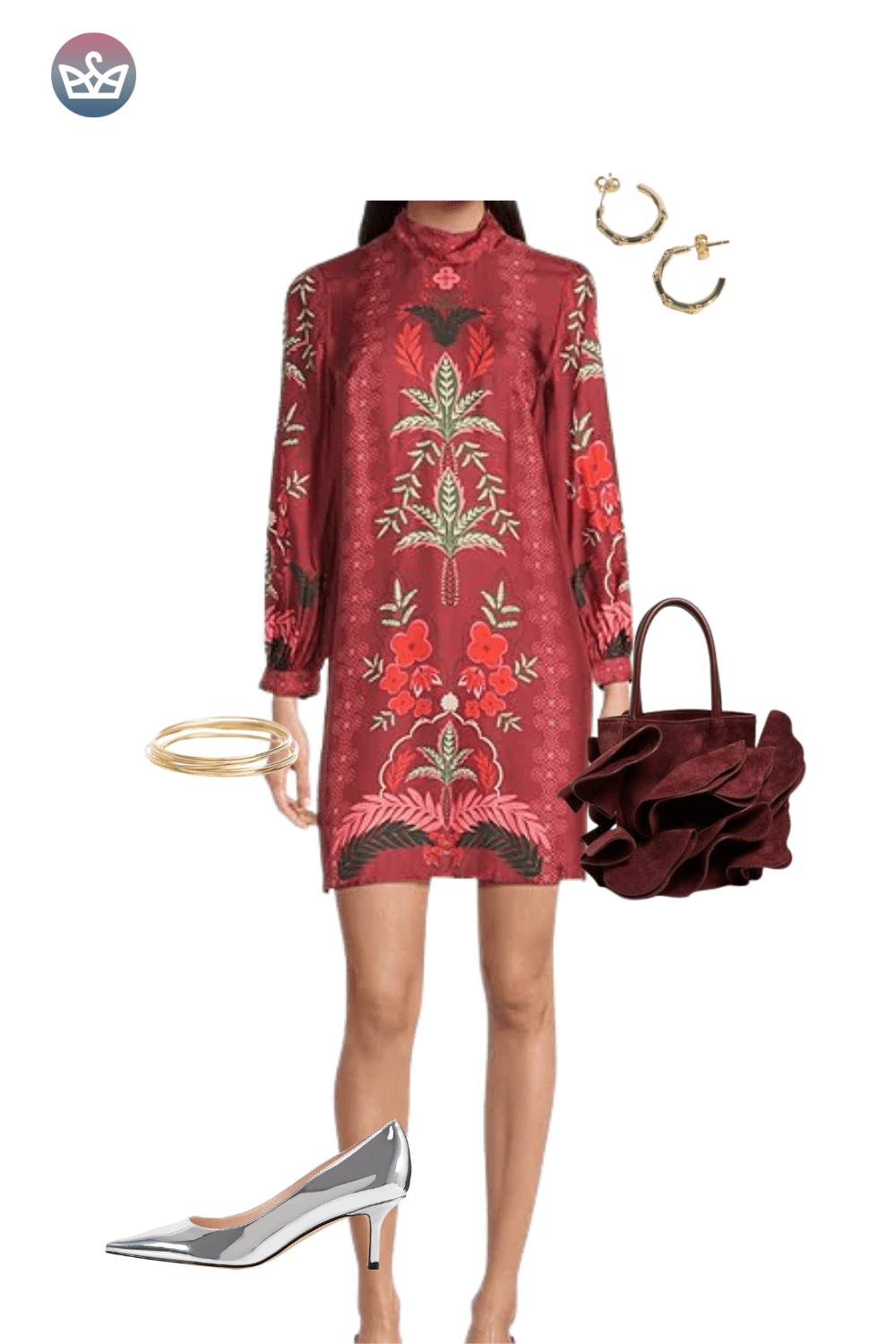 Red and brown patterned shift dress, metallic silver kitten heels, and a burgundy bag.