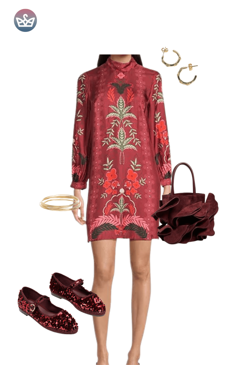 Red and brown patterned shift dress, deep red velvet flats, and a burgundy bag.
