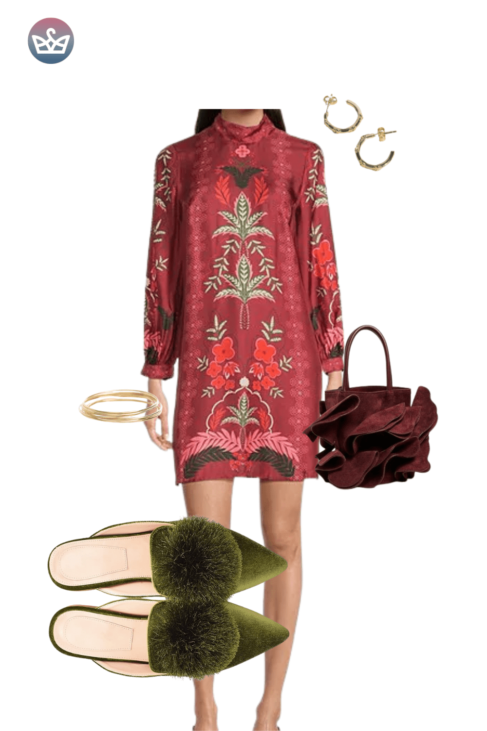 Red and brown patterned shift dress, green velvet bow mules, and a burgundy bag.