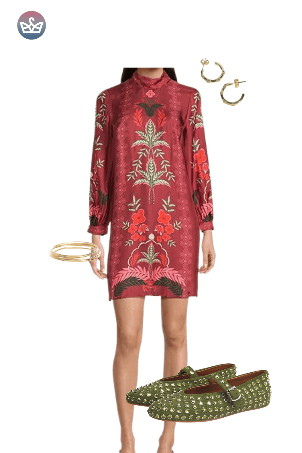 Red and brown patterned shift dress, green embroidered flats, and a matching bracelet.