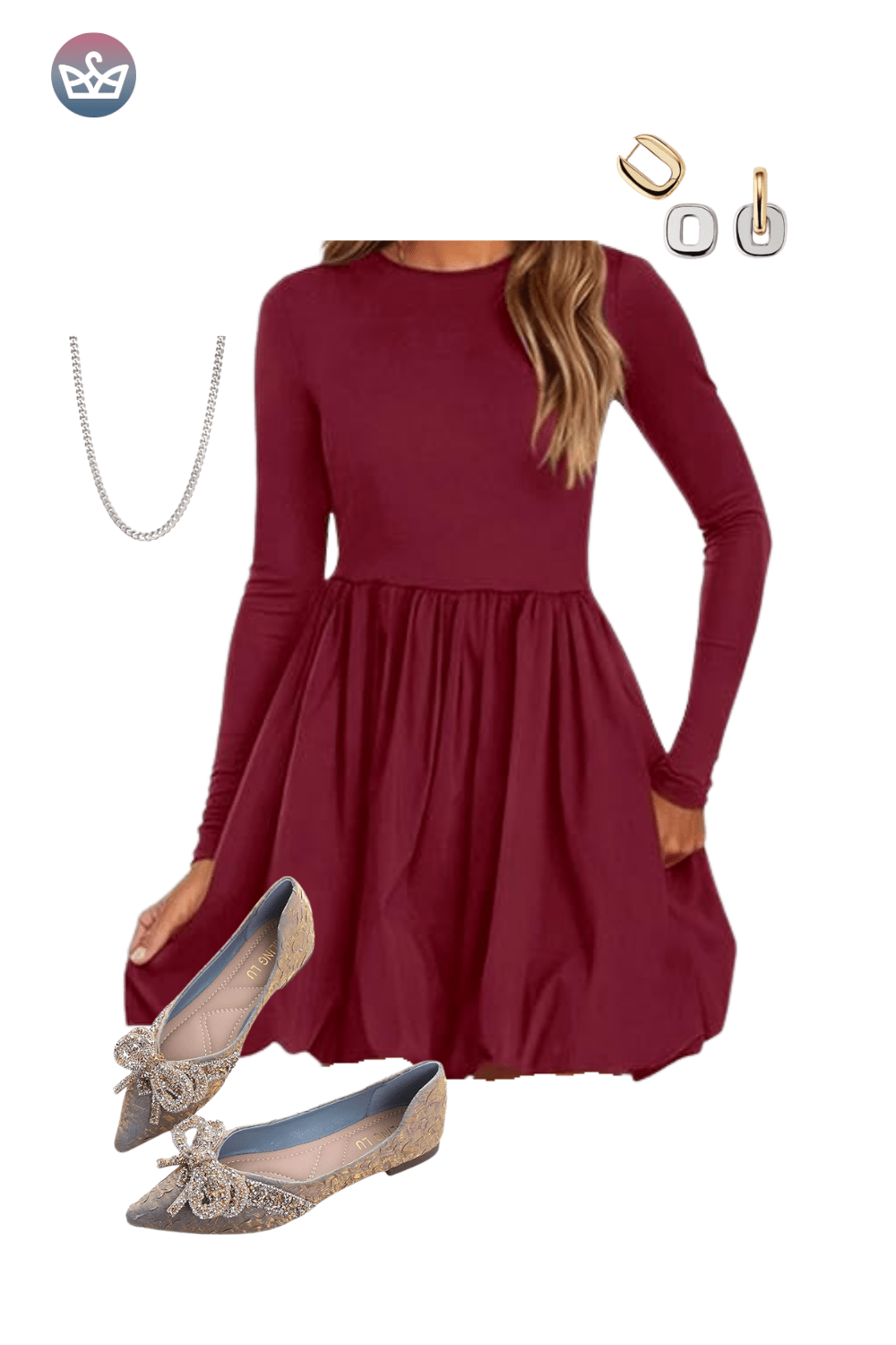 Wine red long-sleeve bubble mini dress, silver metallic flats, and gold jewelry.
