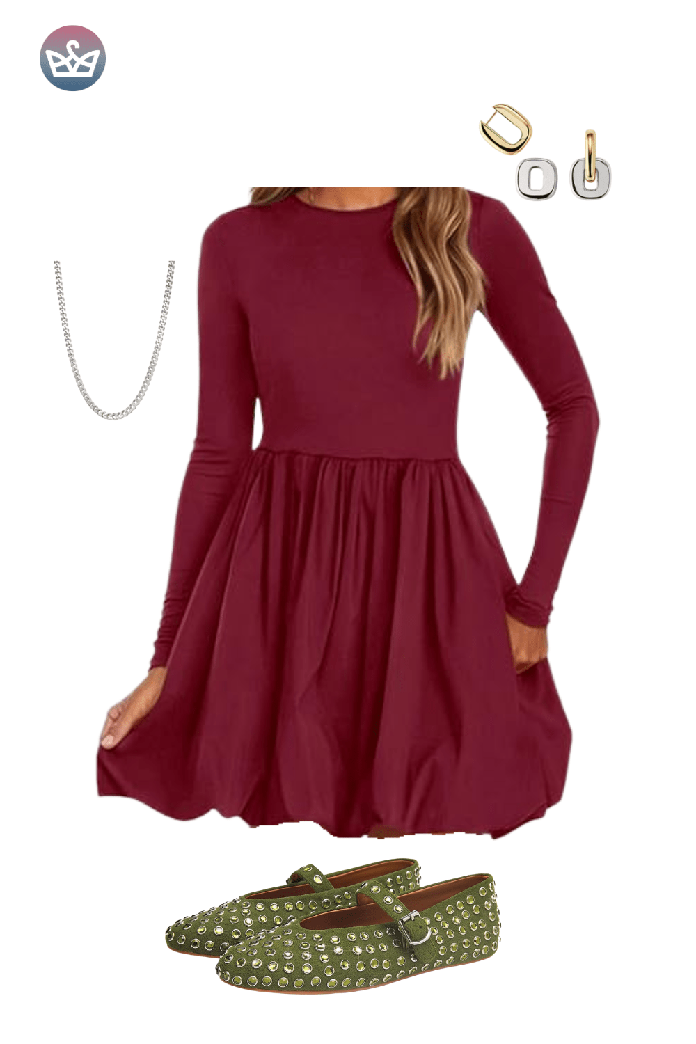 Wine red long-sleeve bubble mini dress, green embroidered flats, and gold jewelry.