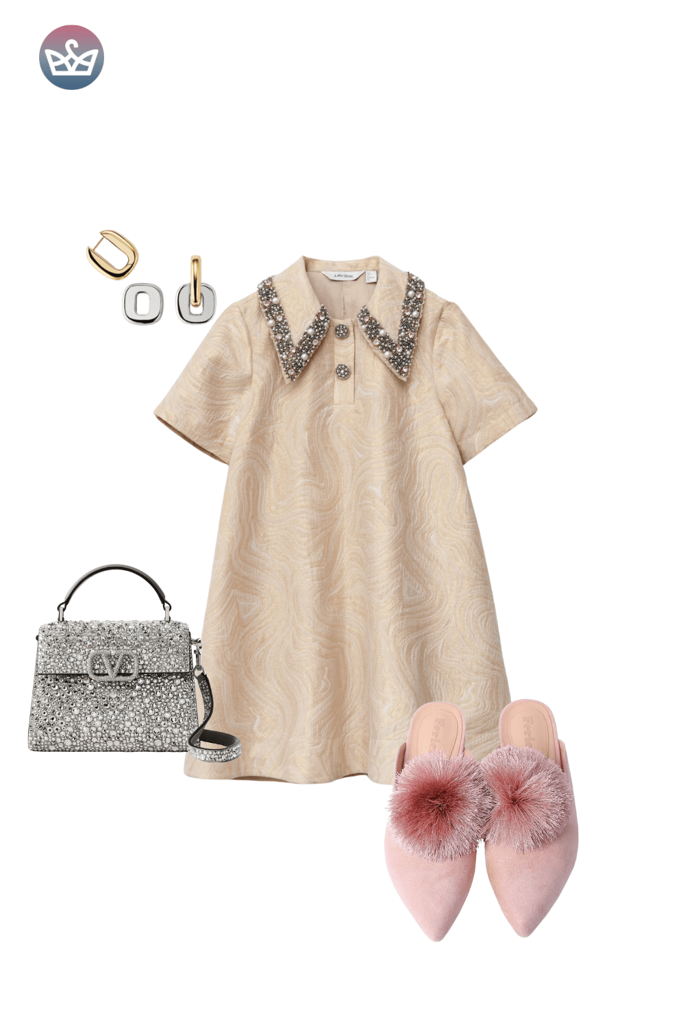 Beige jacquard mini dress, silver sparkle bag, and pink pom-pom velvet mules.