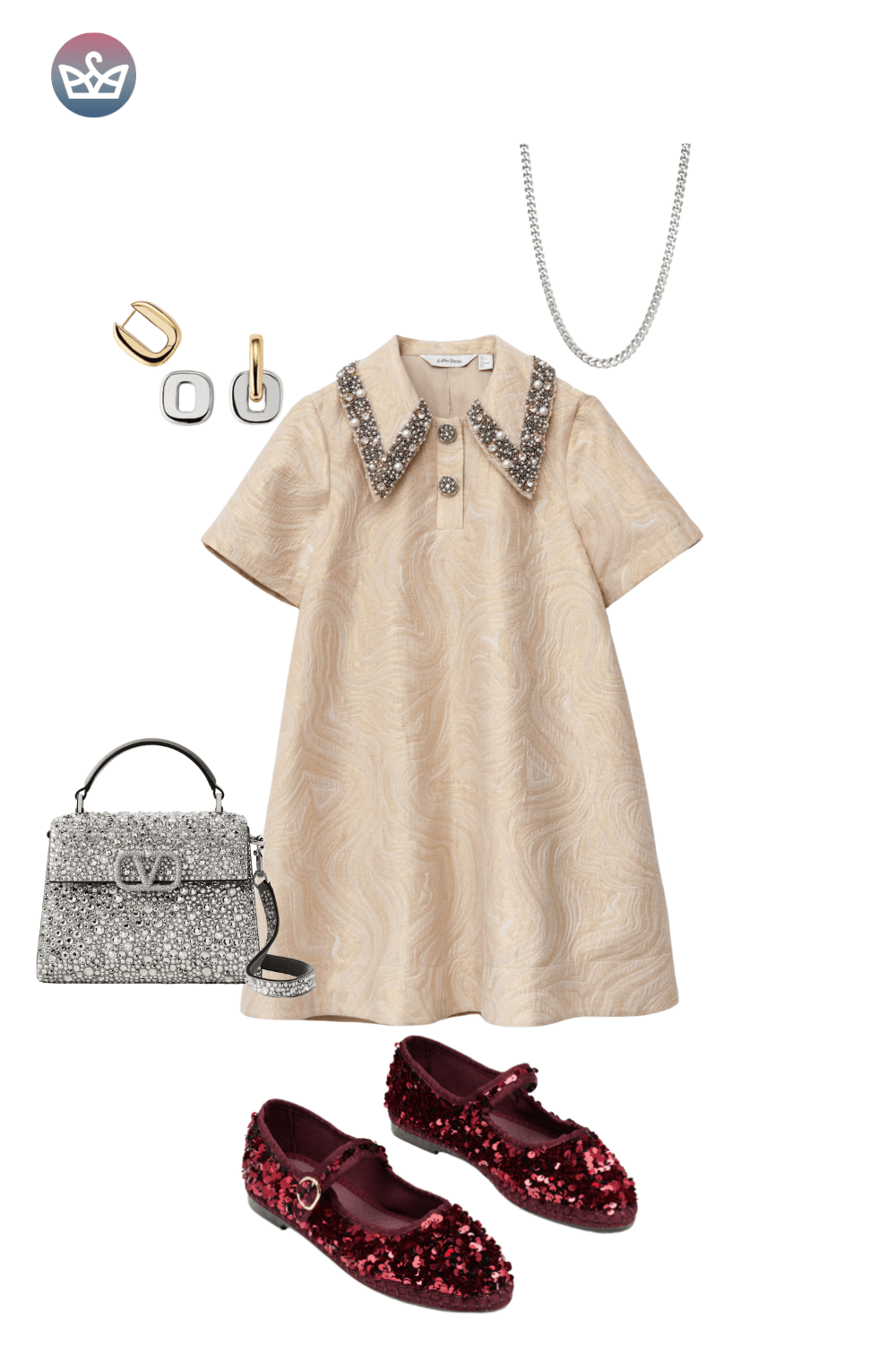Beige jacquard mini dress, deep red velvet flats, and matching gold earrings.