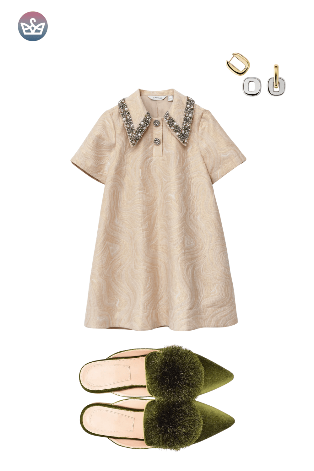 Beige jacquard mini dress, dark green faux fur mules, and gold earrings.