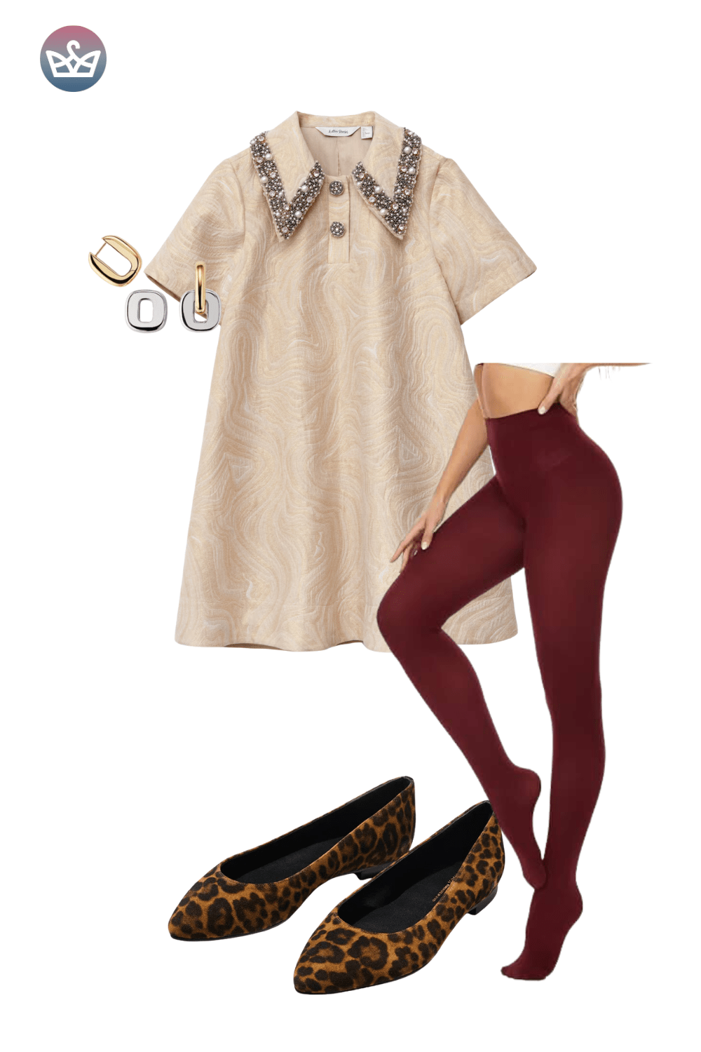 Pink pearl top, burgundy leggings, leopard print flats, and black velvet ankle boots.