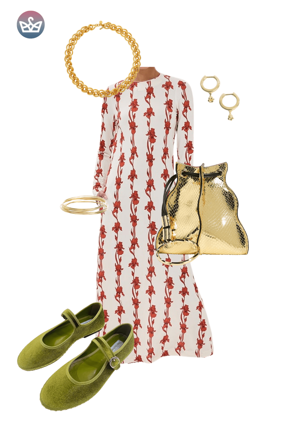 Red and cream patterned shift dress, bright green mules, and a bold gold necklace.