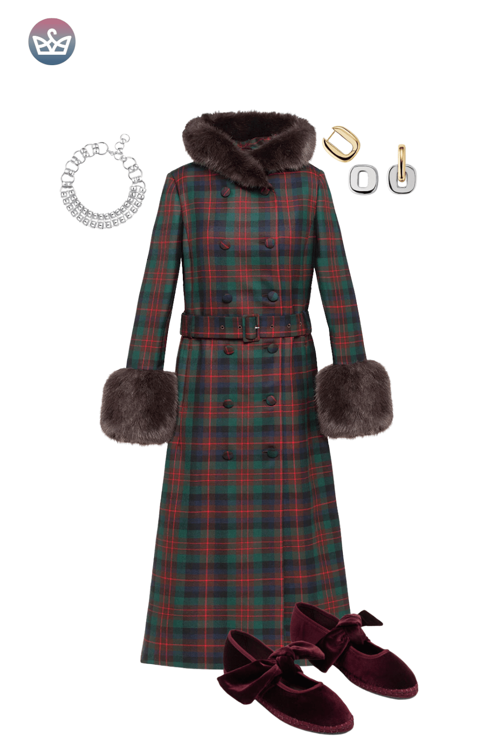 Tartan coat with faux fur, red velvet flats, and a chunky necklace.