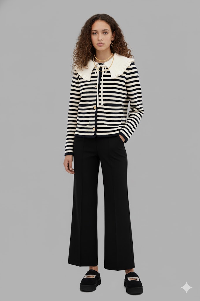 Modern and fresh how to style a white shirt like a pro layering outfit adjust my crown An example of how to style a white shirt using layers a woman wears a striped cardigan over a white blouse with a prominent collar paired with black wide leg trousers and ugg style platform shoes