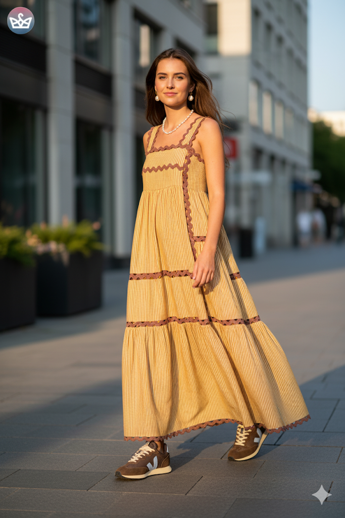 Gorgeous bohemian fall outfit featuring a mustard yellow and brown striped maxi dress with tiered ruffles and scallop trim styled with a classic pearl necklace and stud earrings The look is casually grounded with trendy brown and white sneakers demonstrating how comfortable athletic footwear can be seamlessly paired with a flowing dress for a stylish and walkable autumn street style look