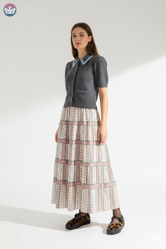 How to style cardigans over summer clothes cardigan outfit ideas that keep you cool and look pulled together cropped structured cardigan adjust my crown A full body editorial photo of a young woman modeling a chic cardigan outfit idea She is wearing a dark gray short sleeved knit cardigan with a light blue lace peter pan collar layered over a long tiered maxi skirt with a delicate white pink and sage green geometric print The outfit is completed with black tights and leopard print slip on shoes The background is a clean minimalist white focusing all attention on the outfit