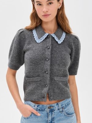 English Factory-Lace Trimmed Puff Sleeve Knit Cardigan