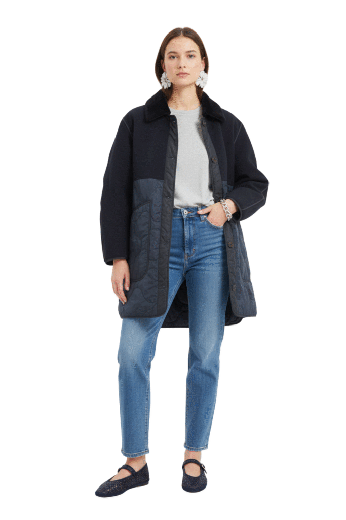 A woman models a statement winter coat for women featuring a long patterned design with a bold shaggy pink faux fur collar and cuffs The outfit is completed with a grey tee blue jeans and brown lace up shoes