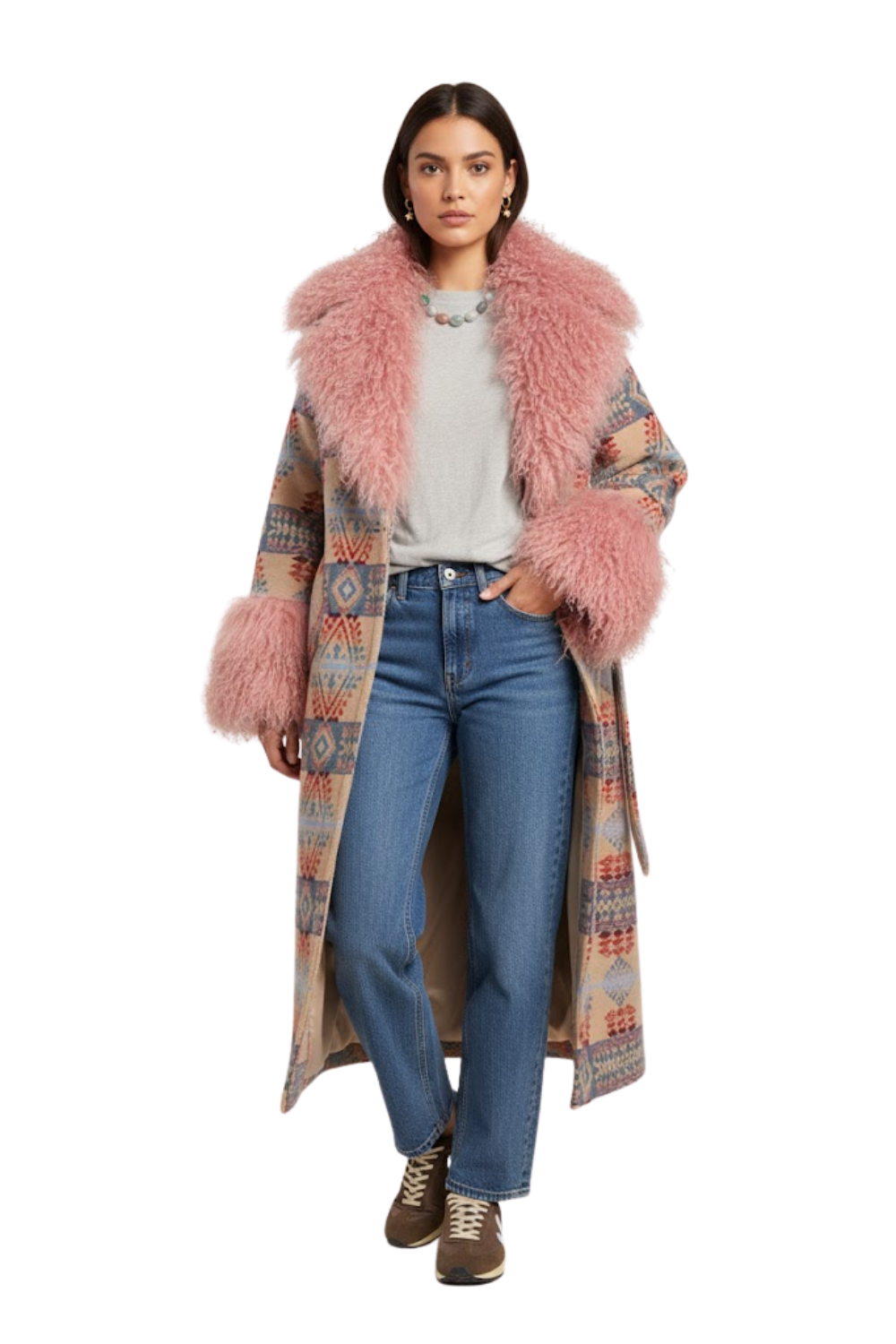 A woman models one of the popular winter coats for women a navy blue quilted puffer coat She pairs it with a grey t shirt classic blue jeans and dark sparkly flats against a studio background