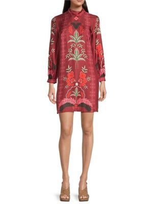 JOHNNY WAS Kalova Floral Placement Print Silk-Blend Mock Neck Long Sleeve Shift Dress