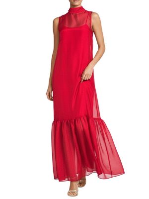 Uma Sleeveless Tie Back Turtle Neckline Organza Maxi Dress