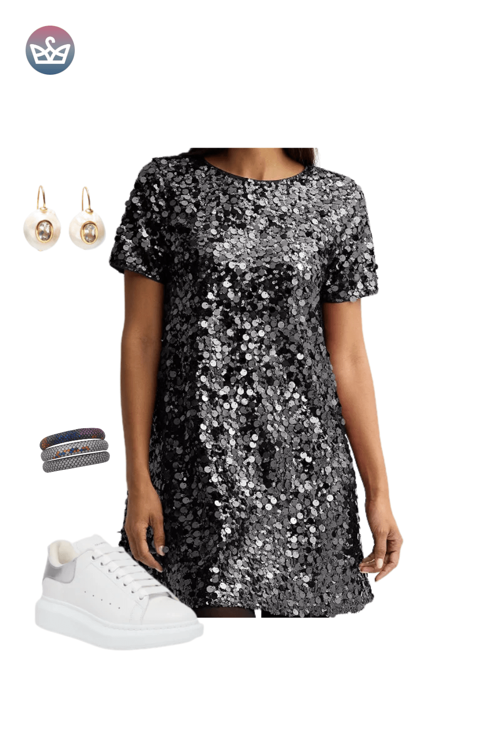Black sequin mini dress with short sleeves, styled with white sneakers and silver dangle earrings, a casual holiday outfit idea.