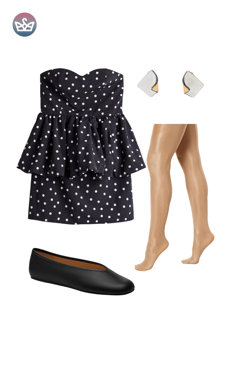 Navy polka dot mini dress with ruffle sleeves, styled with sheer tights and black pointed flats.