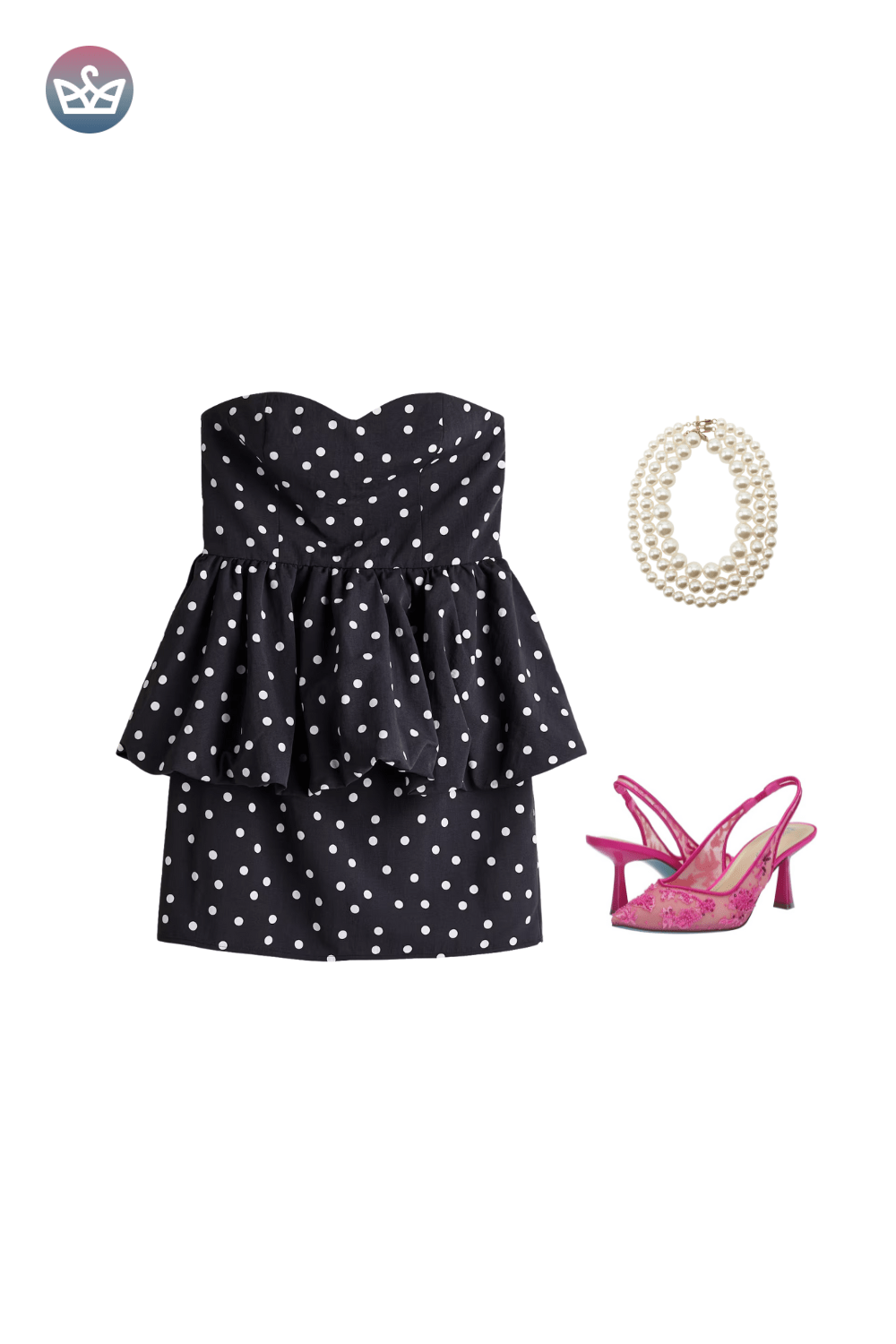 Navy polka dot mini dress with ruffle sleeves, styled with a pearl bracelet and hot pink strappy heels.
