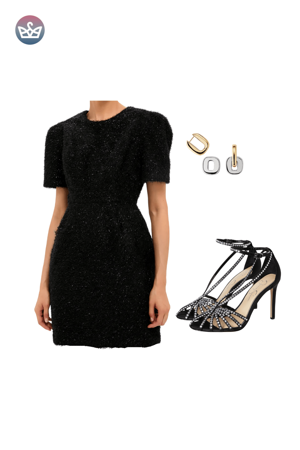 Black short-sleeve bodycon mini dress, styled with delicate gold earrings and strappy black high-heeled sandals.