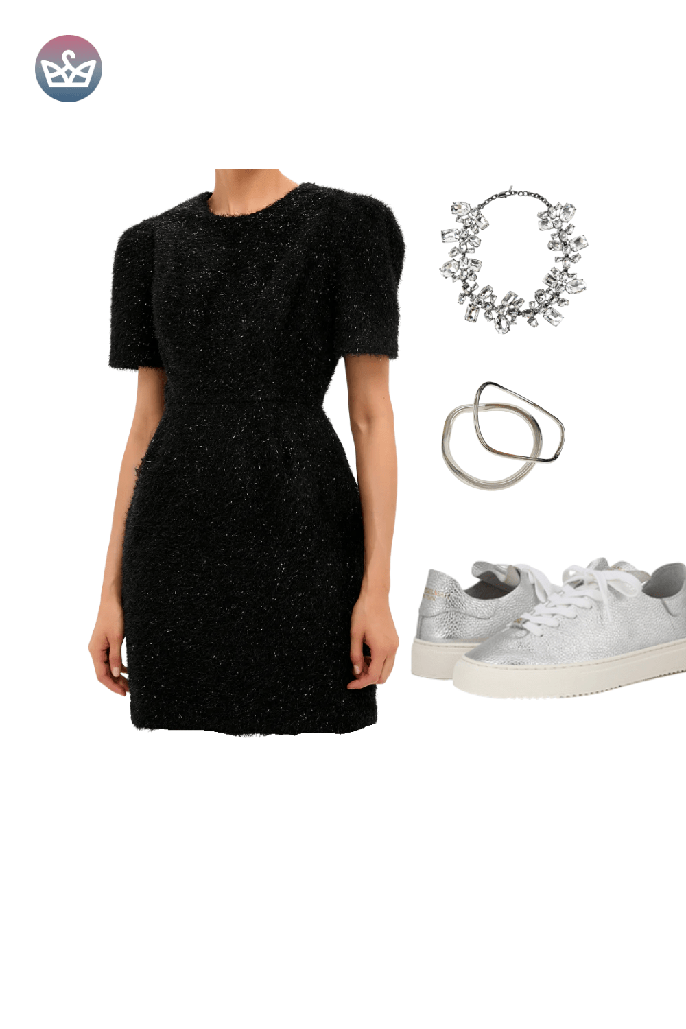 Black short-sleeve bodycon mini dress, styled with a silver chain necklace, hoop earrings, and sporty white sneakers.