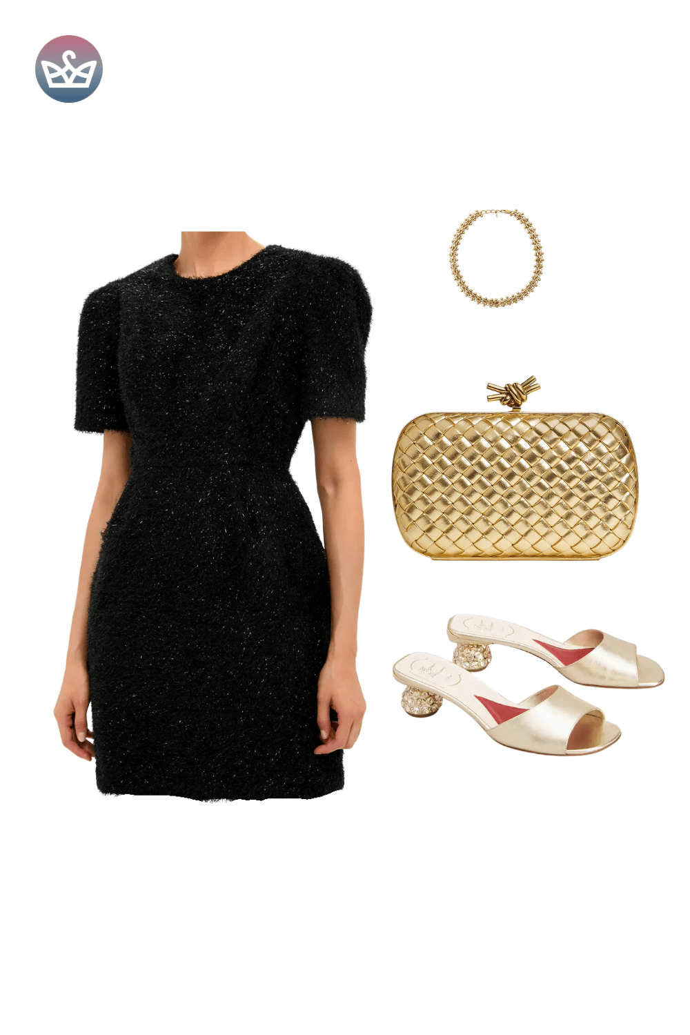 Black short-sleeve bodycon mini dress, styled with a gold cuff necklace, straw-texture clutch, and beige ankle-strap heels.