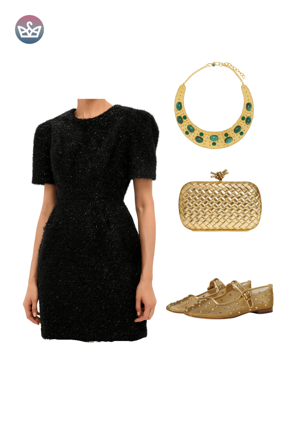 Black short-sleeve bodycon mini dress, styled with a chunky gold statement necklace, a gold clutch, and metallic gold sneakers.