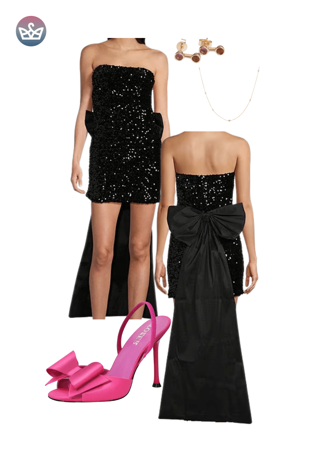 Black sequin mini dress and matching black satin maxi skirt with a large back bow, styled with hot pink heels.