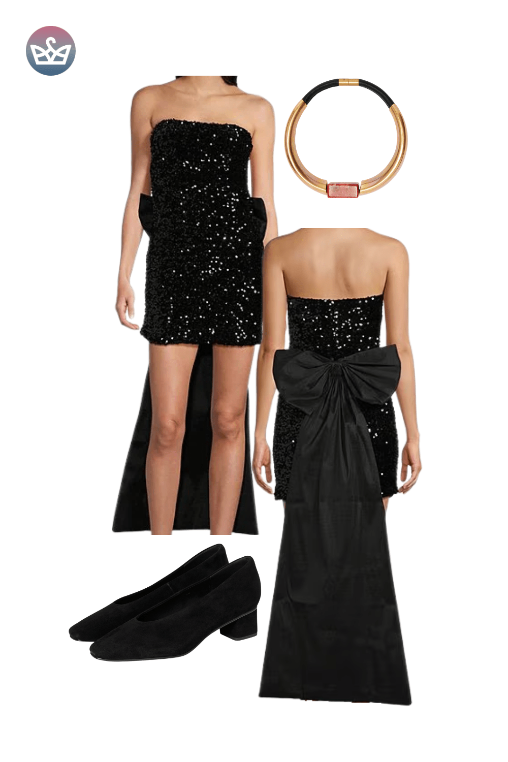 Black sequin mini dress and matching black satin maxi skirt with a large back bow, styled with black flats and a thick choker necklace.