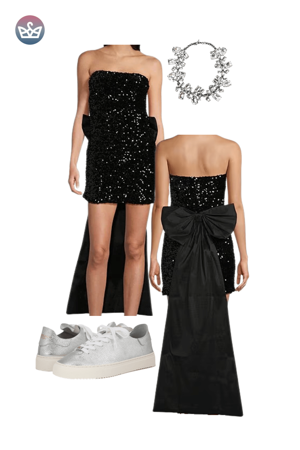 Black sequin mini dress and matching black satin maxi skirt with a large back bow, styled with white sneakers and a silver necklace.