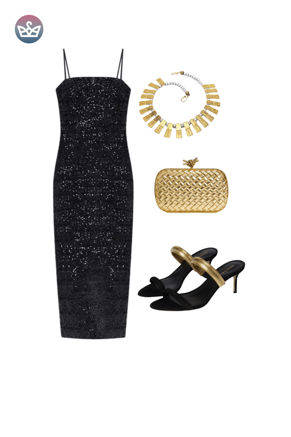 Black sequin slip dress, styled with a gold pendant necklace, gold clutch, and strappy black heels.