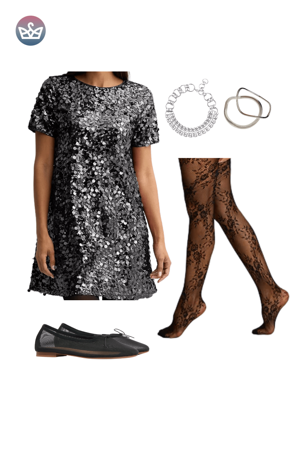 Black sequin mini dress with short sleeves, styled with black tights, black flats, and silver jewelry for a warm winter outfit.