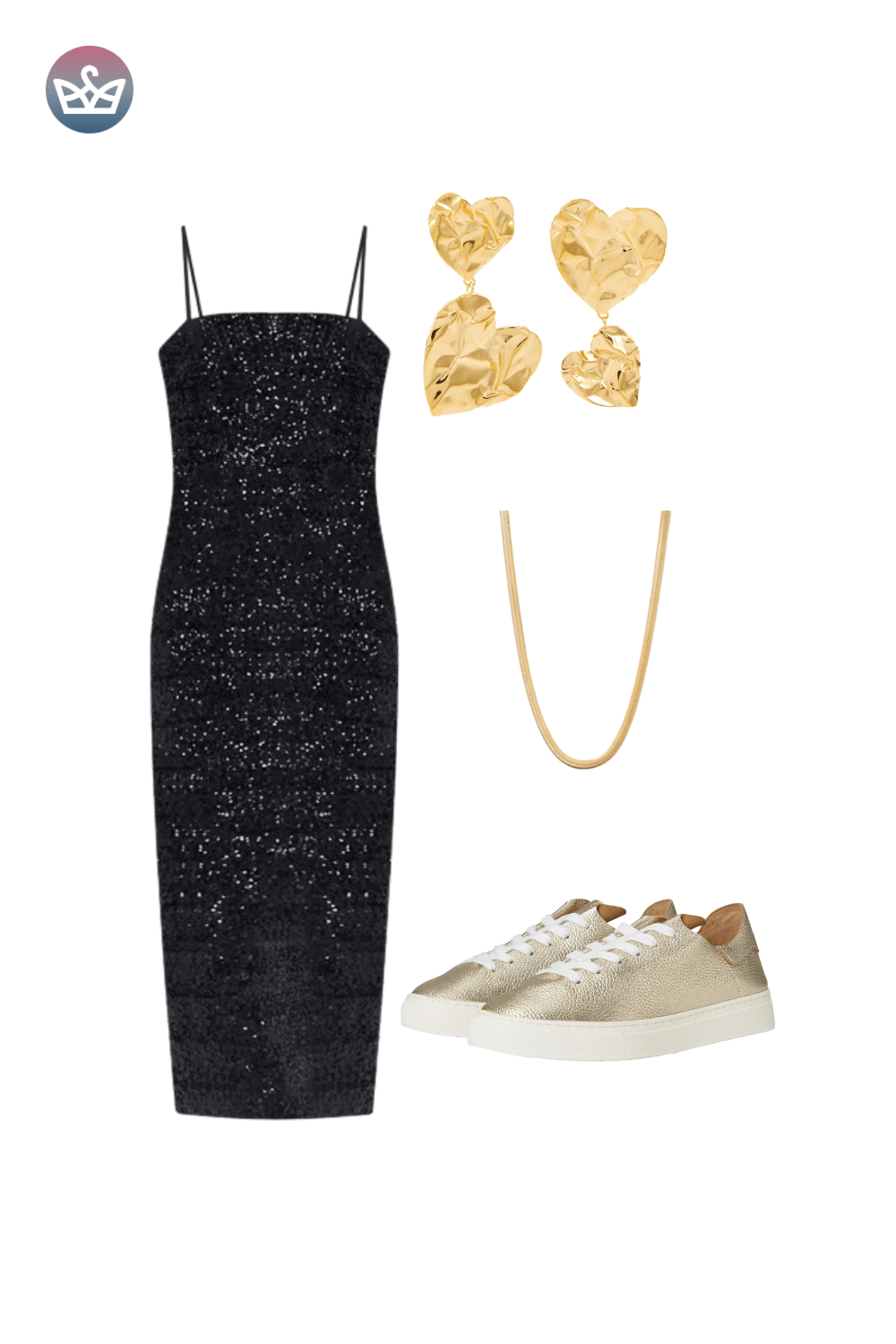 Black sequin slip dress, styled with delicate gold earrings and necklace, and metallic gold sneakers.