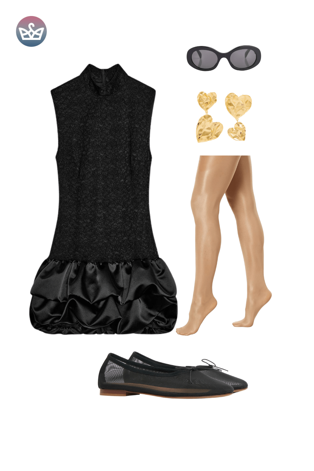 Black sleeveless ruffle-hem dress styled with black flats, sheer tights, and cateye sunglasses.