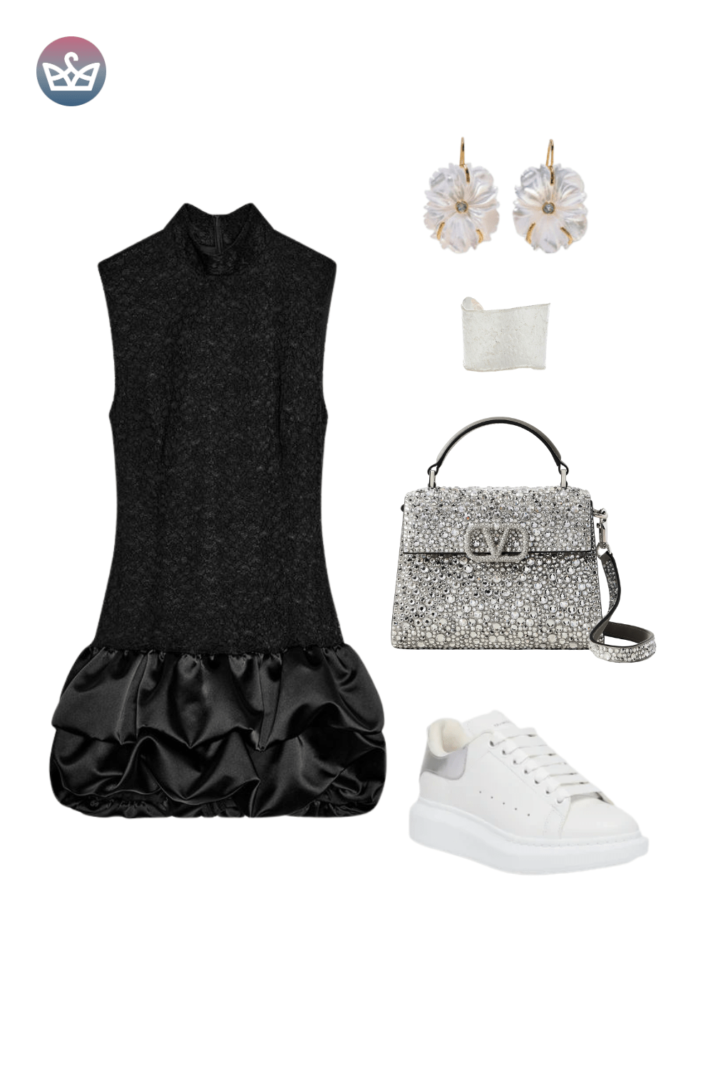 Black sleeveless ruffle-hem dress styled with white sneakers, a silver quilted crossbody bag, and silver and rose gold earrings.