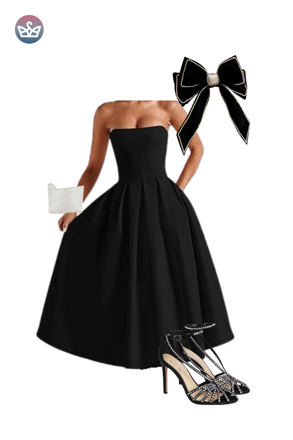 Black strapless full-skirt midi dress styled with a large black bow hair accessory and studded black high heels.