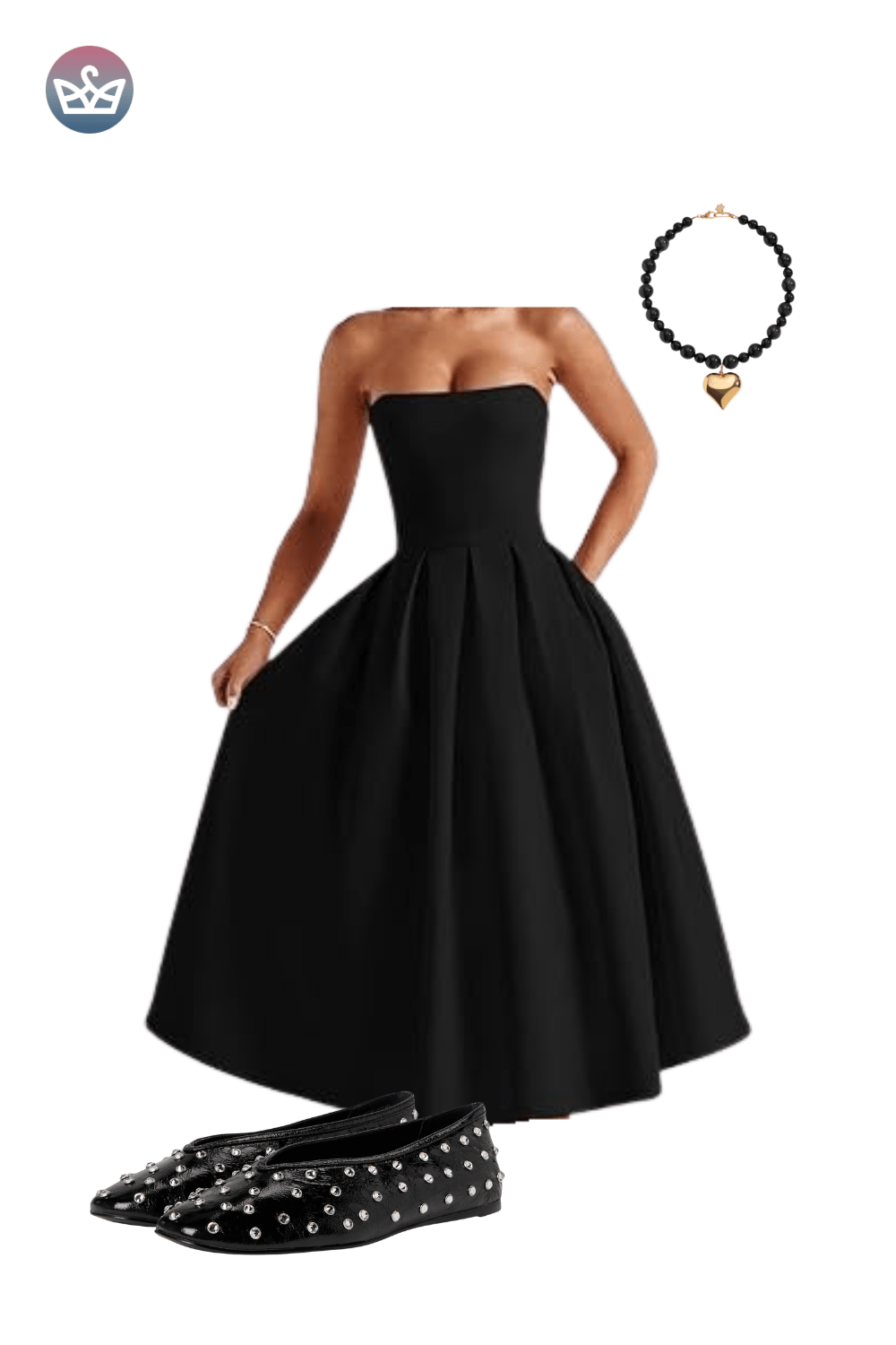 Black strapless full-skirt midi dress styled with a pearl necklace and bracelets, and black and white patterned flats.