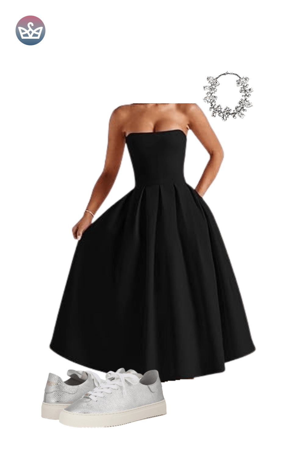 Black strapless full-skirt midi dress styled with a chunky silver necklace and bracelets, and chunky white platform sneakers.
