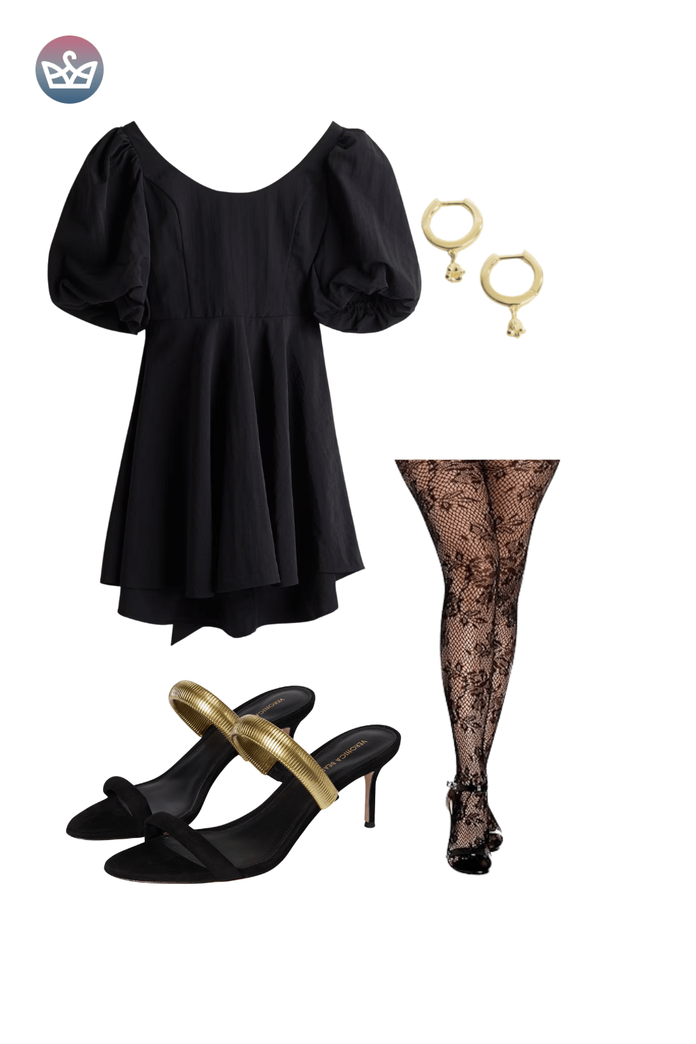 Black puff-sleeve mini dress styled with sheer patterned tights, black velvet heels, and layered gold rings.